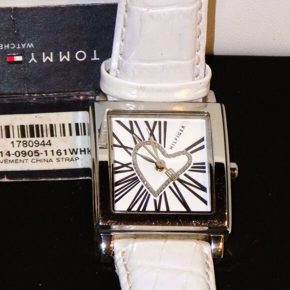 Tommy Hilfiger with Tag Watch 1780944 Heart, White Leather Band Logo Hand - Picture 1 of 10
